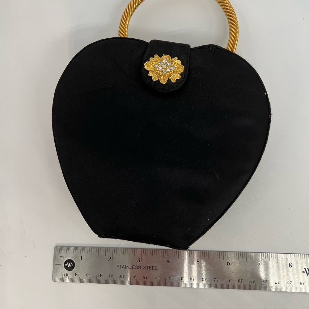 Vintage Sasha Black Satin Heart-Shaped Evening Bag w Gold Handle Rhinestone - Picture 3 of 6